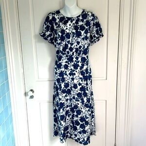 Talbots NWT Floral Blue and White SATIN MIDI DRESS - BLUSHING ROSES Size 8